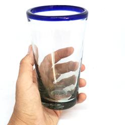 Juego de 6 vasos para cerveza con borde azul cobalto, 16 oz, Vidrio Reciclado, Libre de Plomo y Toxinas
